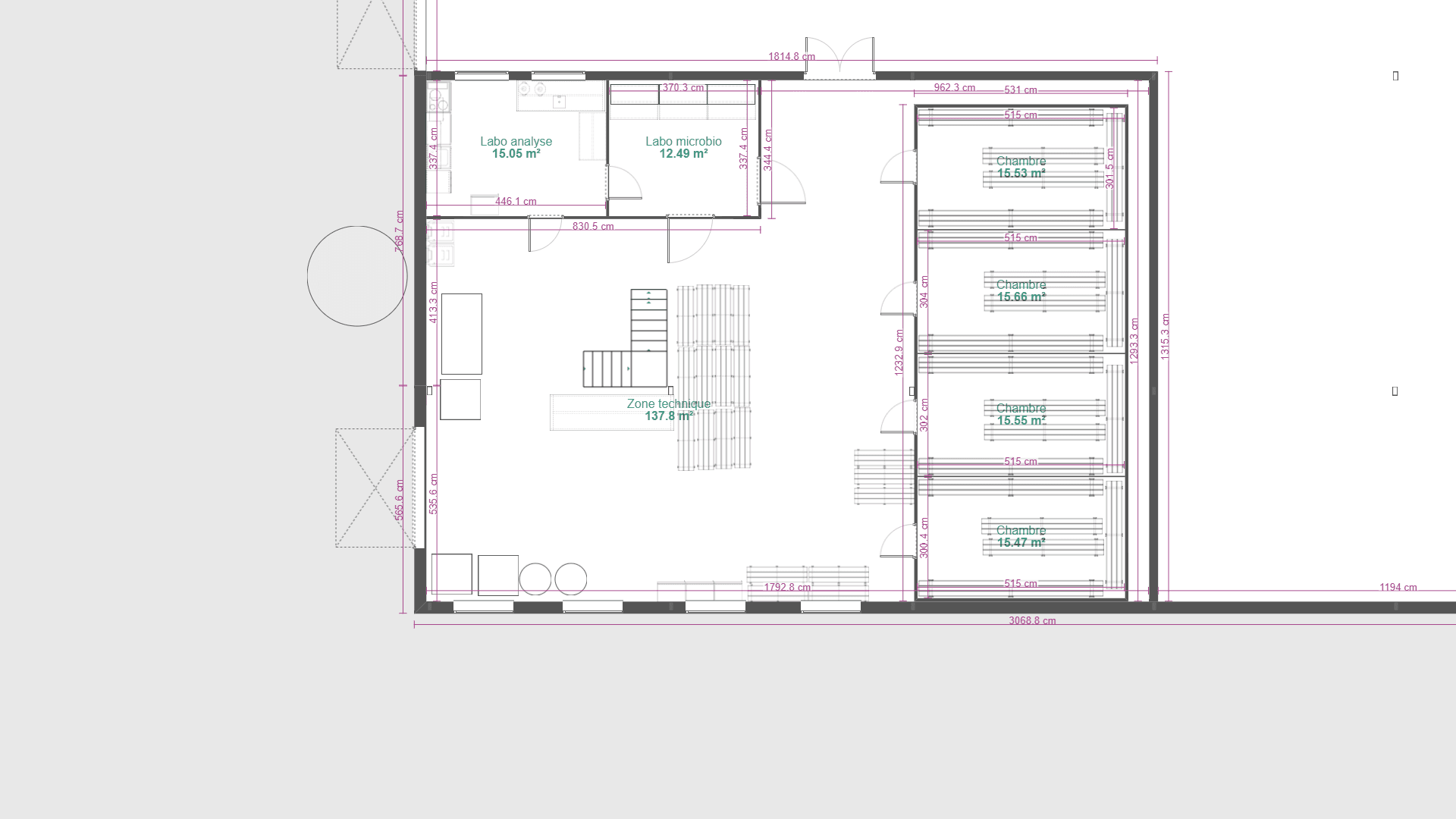 Plan 2D de dimensionnement des espaces d'une installation